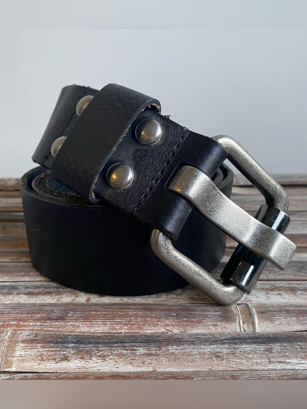 Vintage Y2K black leather oversized buckle studded edgy biker belt Bill Adler 36